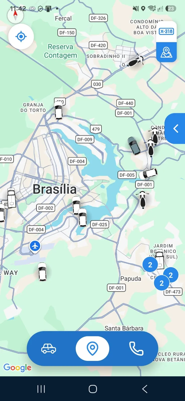 Aplicativo da Link Rastreio mostrando os veículos da frota no mapa de Brasília em tempo real
