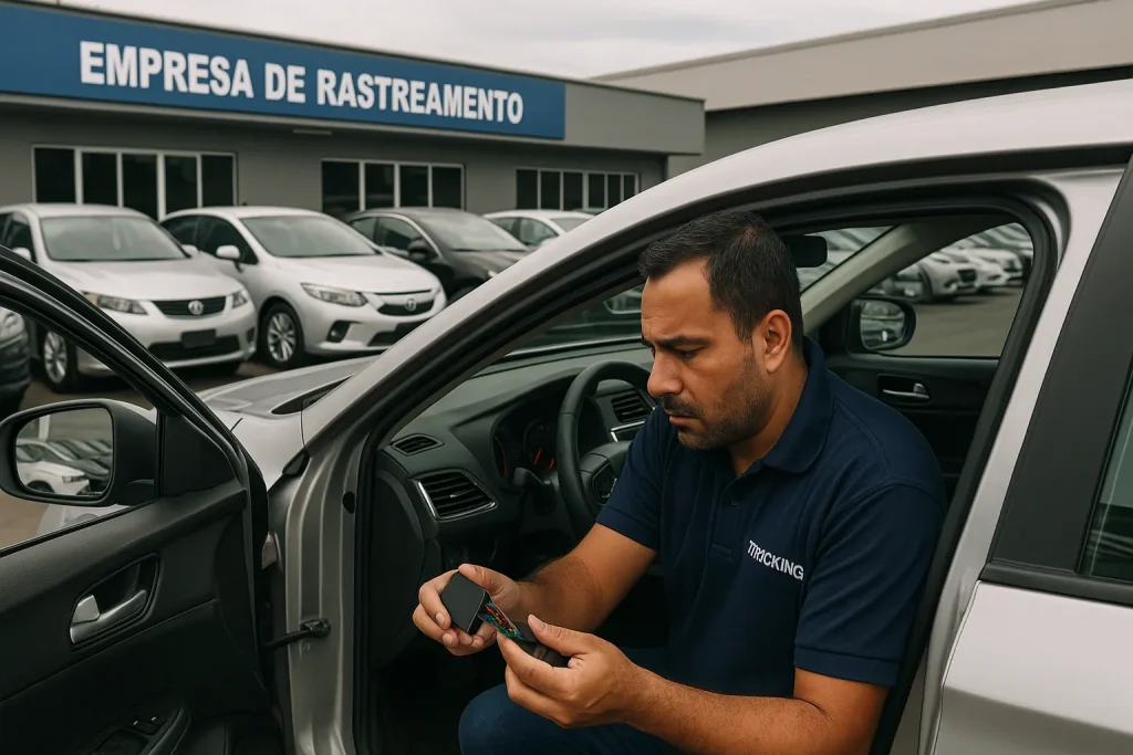 técnico no pátio da empresa instalando rastreador