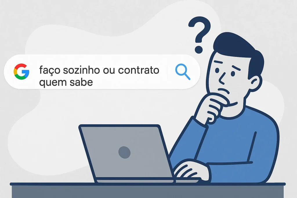 Homem pensativo usando notebook, pesquisando no Google se deve fazer o rastreamento veicular sozinho ou contratar um serviço especializado
