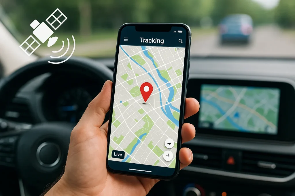 Visualização de rastreamento veicular em tempo real com mapa e aplicativo no celular