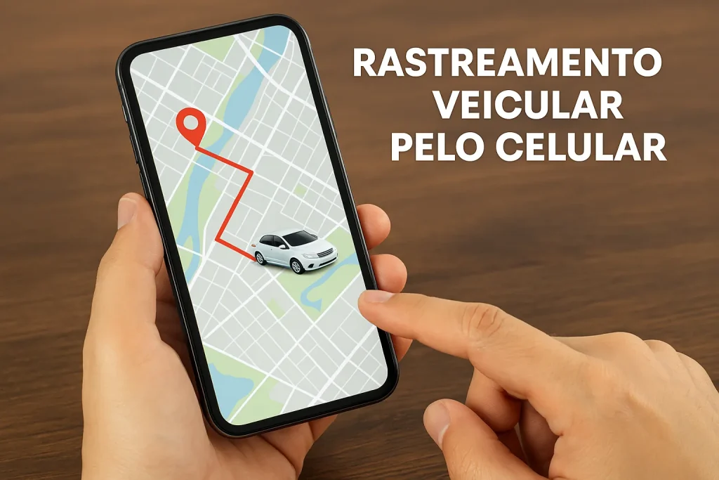 Pessoa segurando um smartphone que exibe um mapa com a localização em tempo real de um carro, representando o rastreamento veicular pelo celular.