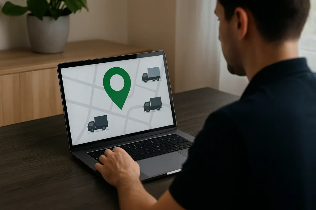 Profissional monitorando veículos por GPS em laptop, representando rastreamento veicular via contrato por comodato.
