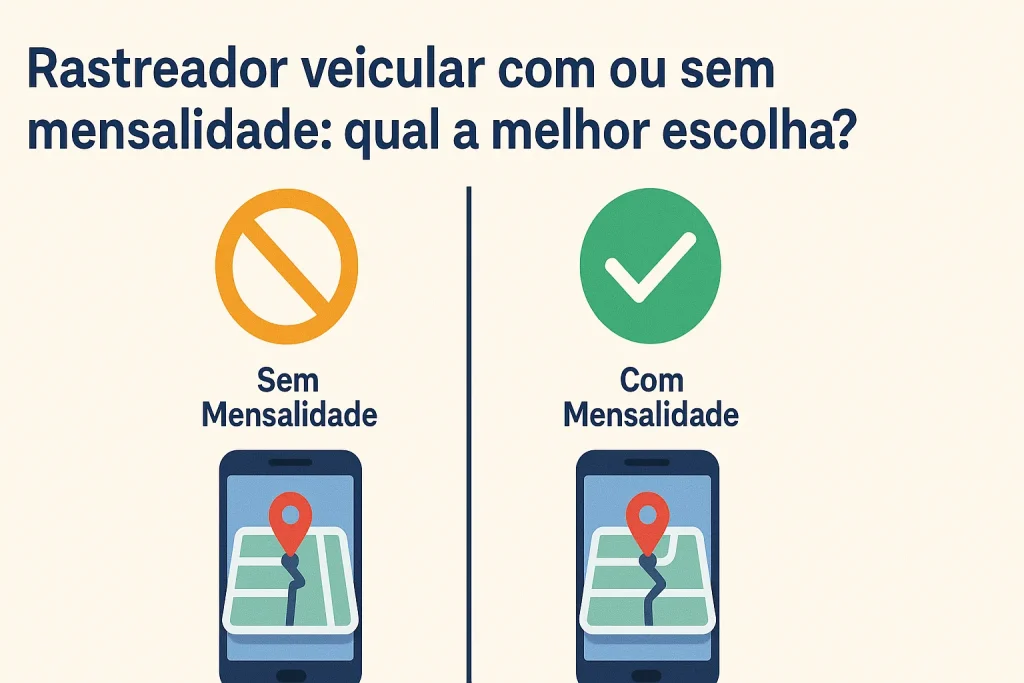 Comparativo visual entre rastreador veicular com e sem mensalidade, com ícones e mapa no celular