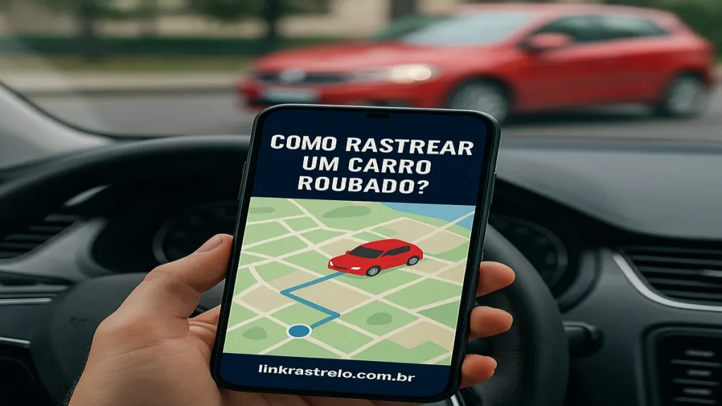 Pessoa dentro do carro usando aplicativo no celular para rastrear veículo roubado com mapa e carro vermelho destacado
