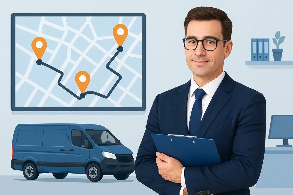 Empresário sorridente em escritório com mapa digital de rotas e van azul, representando gestão de frotas com rastreamento veicular