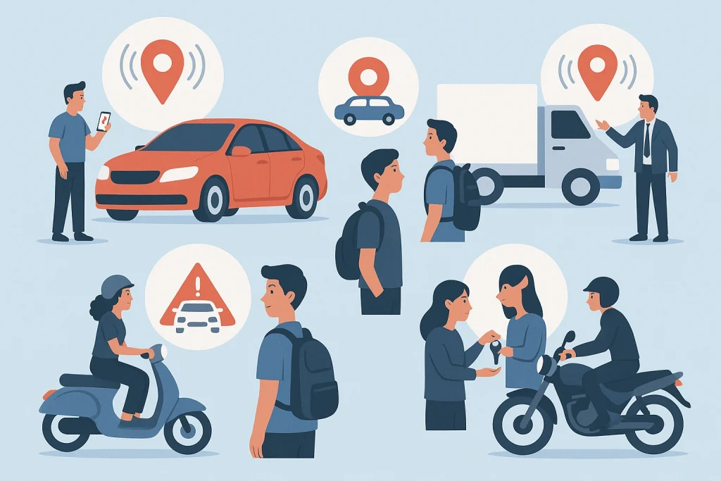 Ilustração de diferentes perfis de usuários de rastreador veicular: motorista particular, gestor de frota, pais monitorando filhos, motociclistas e pessoas que emprestam veículos.