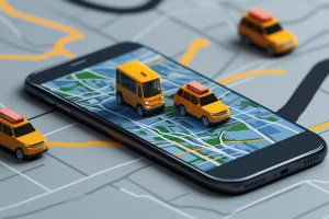 Imagem ilustrativa de rastreamento veicular em tempo real, mostrando carros sobre um smartphone com mapa digital, representando o sistema Link Rastreio.