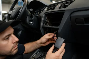 Técnico instalando rastreador veicular em Brasília dentro de uma oficina moderna, com ferramentas e painel aberto, estilo realista.