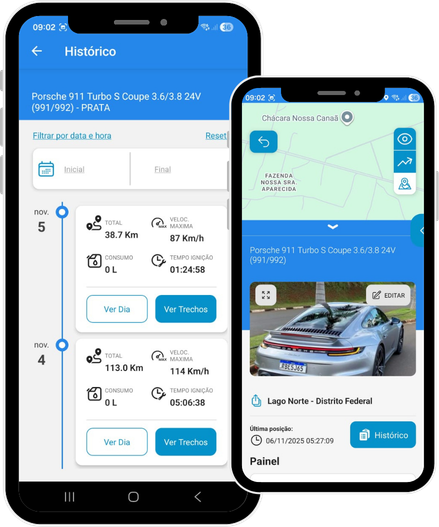 Aplicativo de rastreamento veicular exibindo histórico de rotas, velocidade e localização do veículo