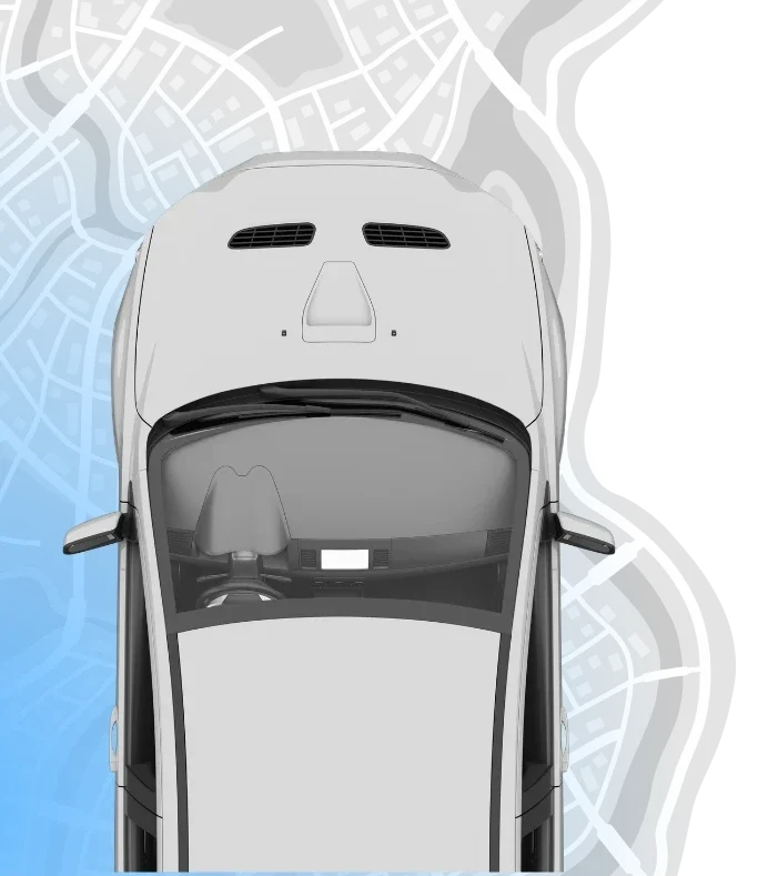 Rastreamento veicular em tempo real com carro visto de cima sobre mapa digital de localização GPS